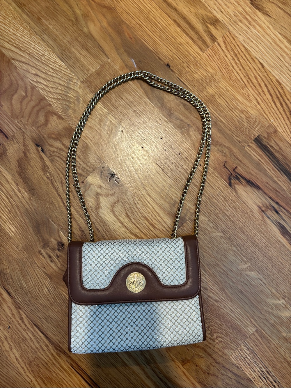 Whiting & Davis Brown and White Chain-Handle Crossbody Bag